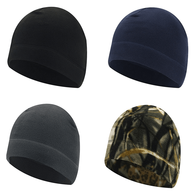 Unisex Windproof Fleece Sports Hats for Fishing and Hunting in black, navy, gray, and camo designs, perfect for cold weather.